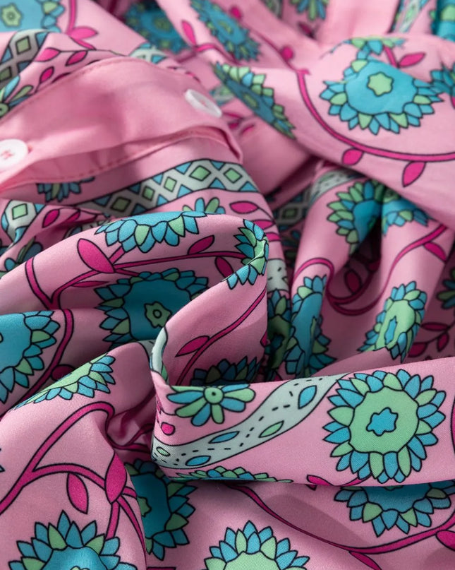 Printed Shirred Sleeve Buttoned Front Midi Dress with Sash