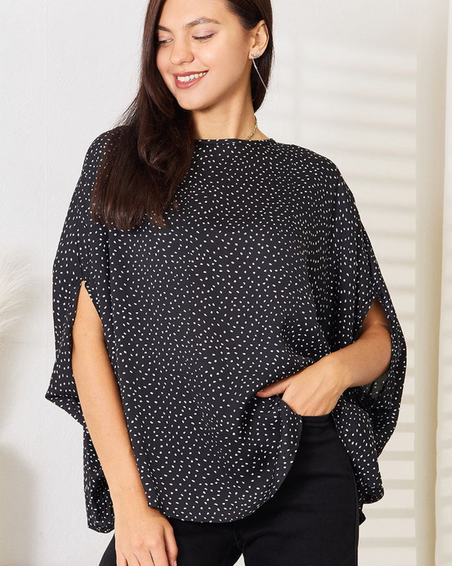Perfee Printed Dolman Sleeve Round Neck Blouse Black