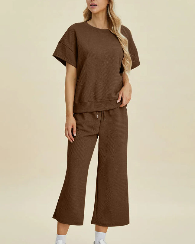 Double Take Full Size Texture Round Neck Top and Pants Set