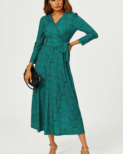 Green Leopard Print Wrap Top Midaxi Dress