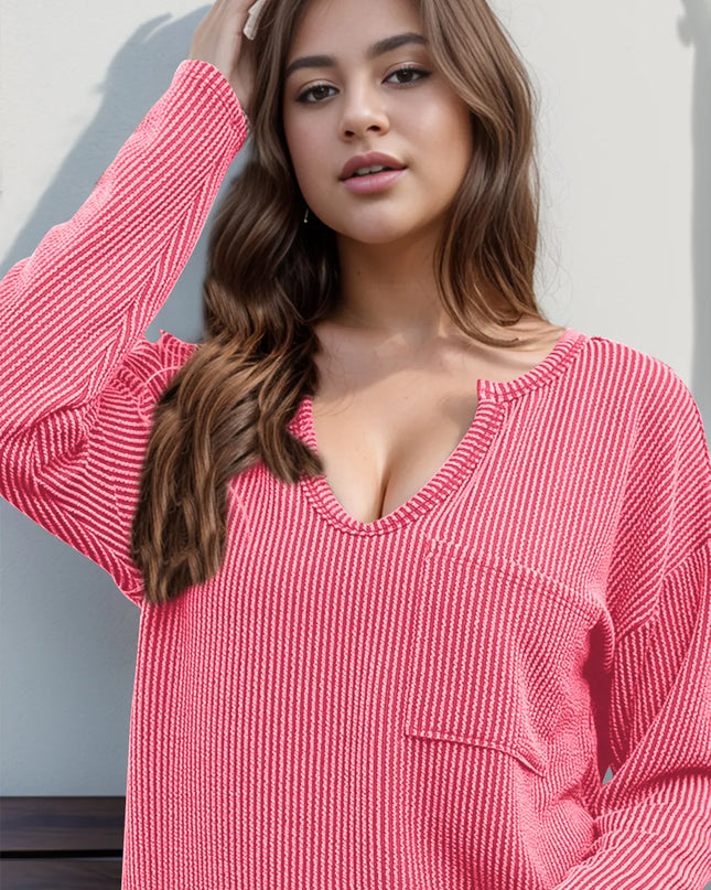 Double Take Striped Notched Long Sleeve T-Shirt