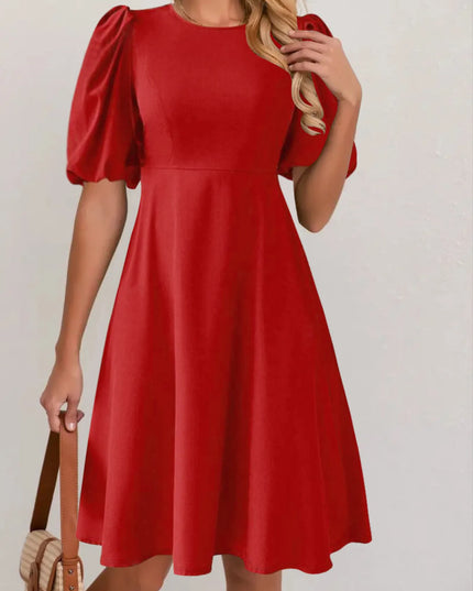 Round Neck Puff Sleeve A-Line Dress