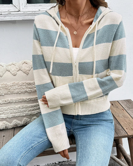 Drawstring Zip Up Striped Cardigan Apricot