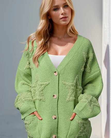 Double Take Full Size Button Up Star Pattern Cardigan Gum Leaf