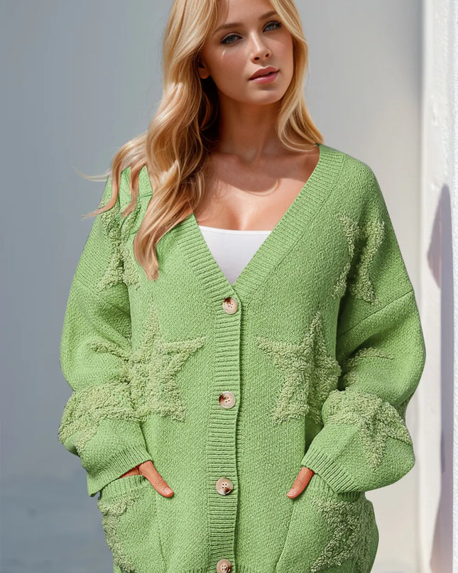 Double Take Full Size Button Up Star Pattern Cardigan Gum Leaf