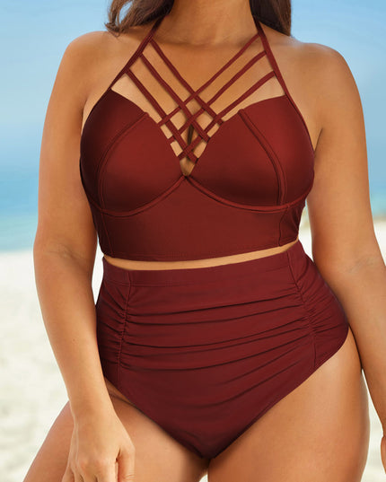Full Size Halter Neck Crisscross Ruched Two-Piece Swimsuit Rust