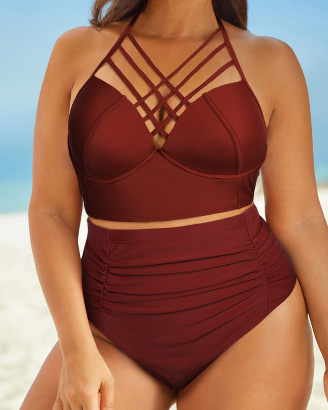 Full Size Halter Neck Crisscross Ruched Two-Piece Swimsuit Rust