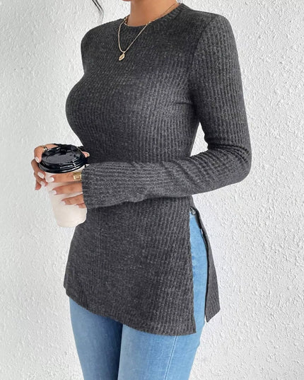 Slit Round Neck Long Sleeve T-Shirt