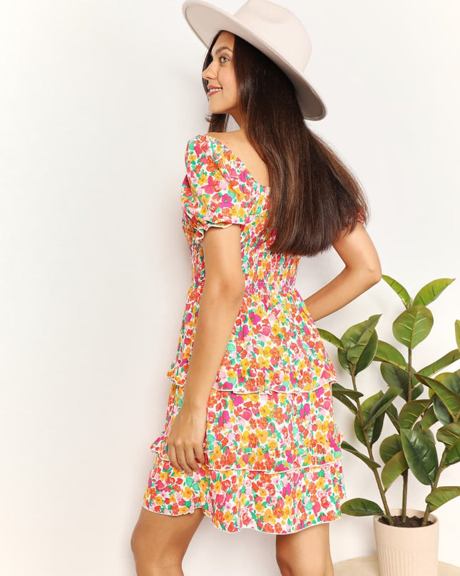 Devine Smocked Sweetheart Neck Flounce Sleeve Mini Dress