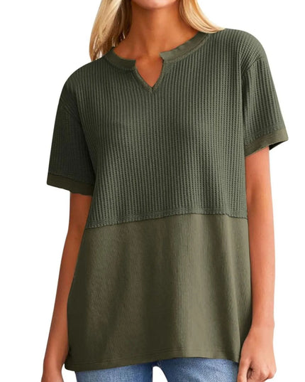 Texture Notched Short Neck T-Shirt Military Green