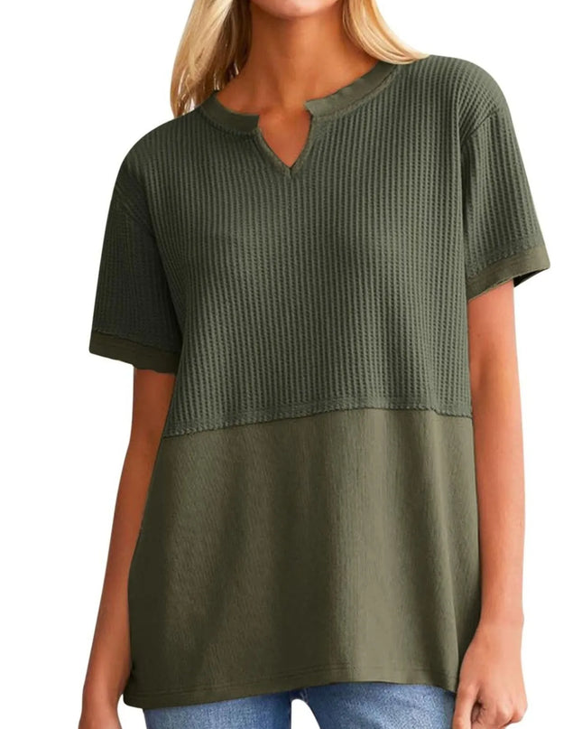 Texture Notched Short Neck T-Shirt Military Green