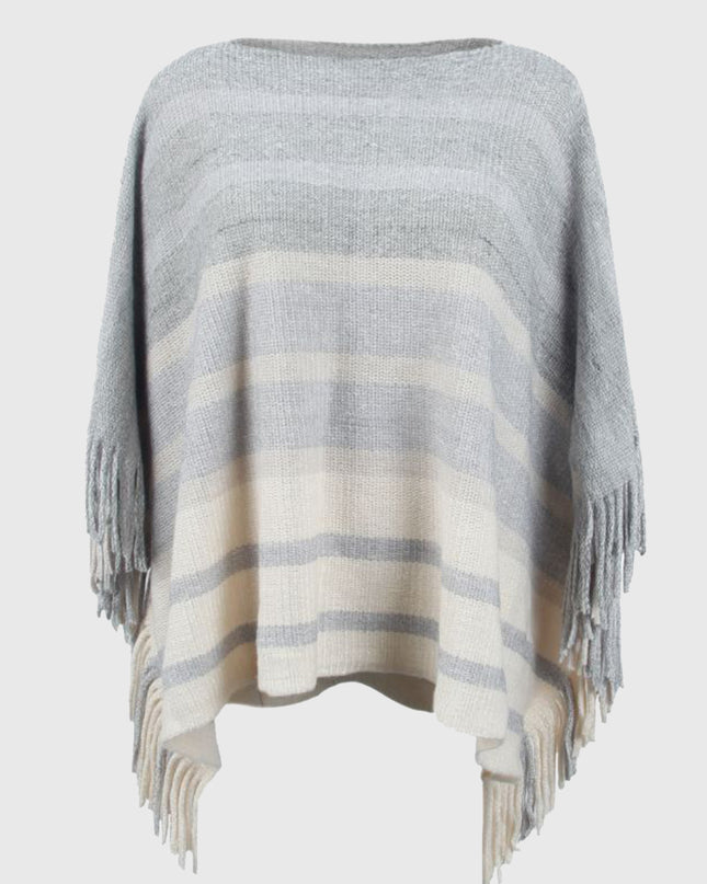 Striped Boat Neck Poncho with Fringes Ivory One Size
