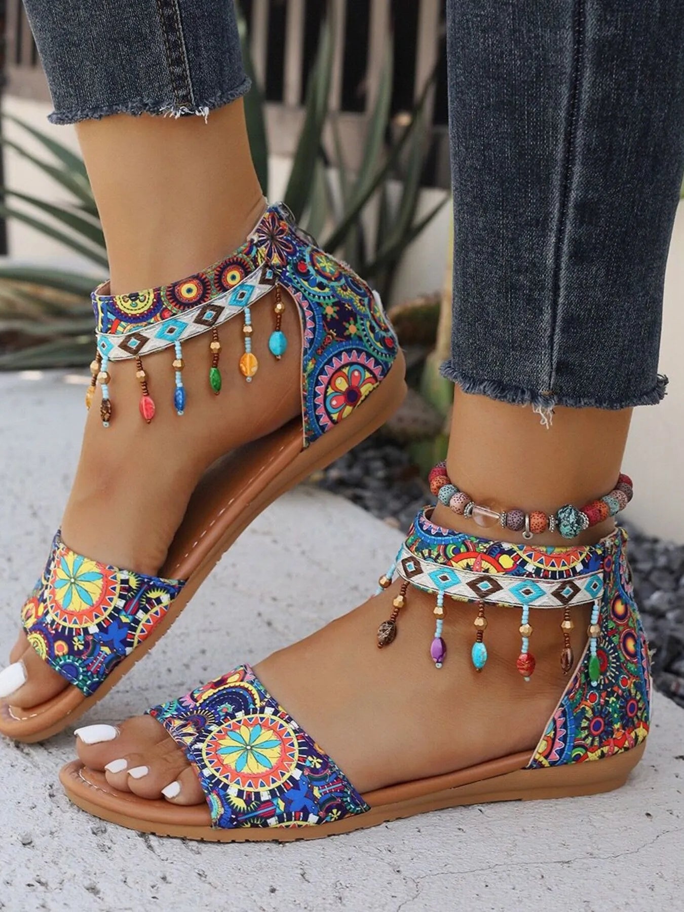 Beaded Ankle Strap Sandals 