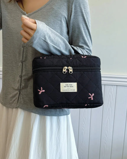 Bow Embroidered Quilted Storage Bag with Zip
