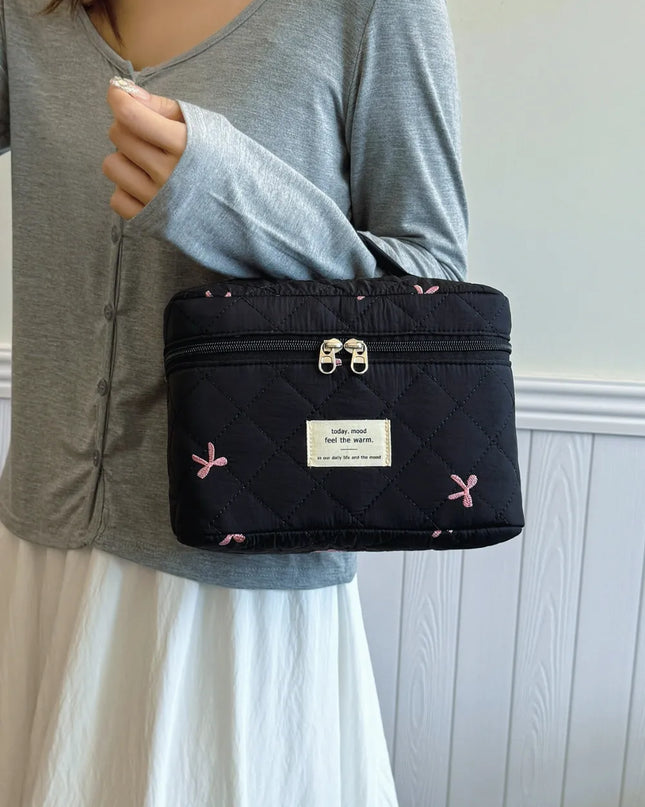Bow Embroidered Quilted Storage Bag with Zip