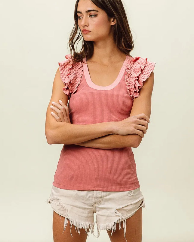 BiBi Rib Knit With Textured Ruffled Top