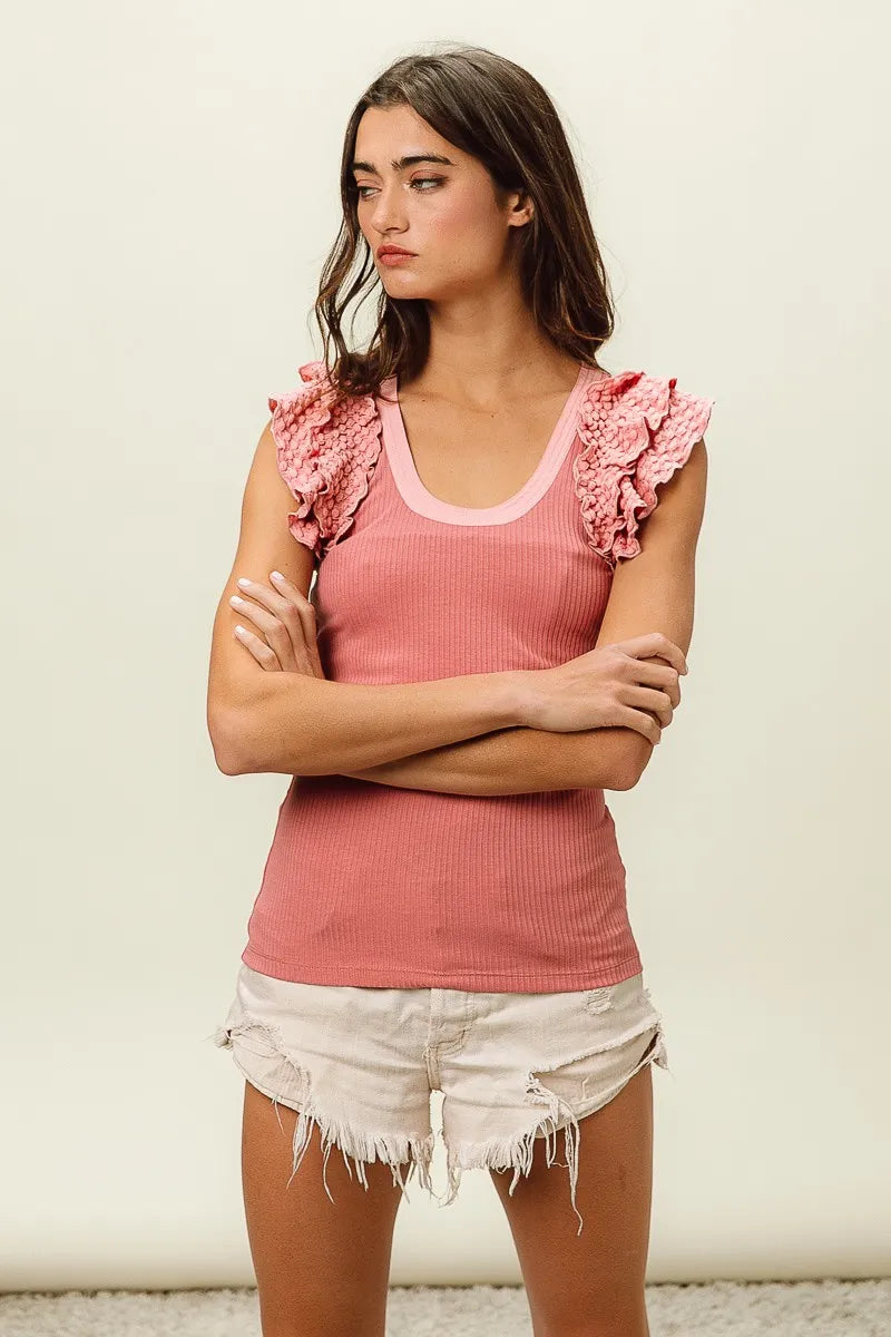 BiBi Rib Knit With Textured Ruffled Top