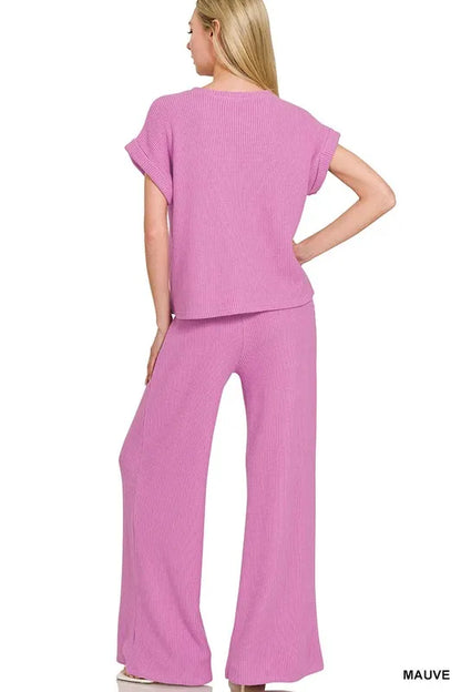 Zenana Rolled Sleeve Top and Pants Sweater Set
