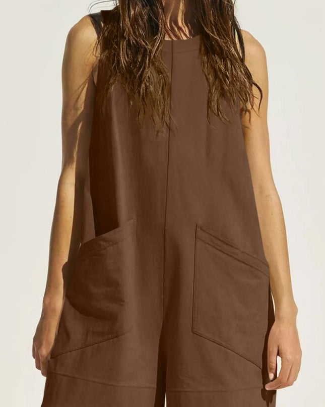 Lovelet Round Neck Sleeveless Romper with Pockets