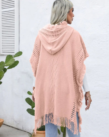 Fringe Trim Buttoned Hooded Poncho