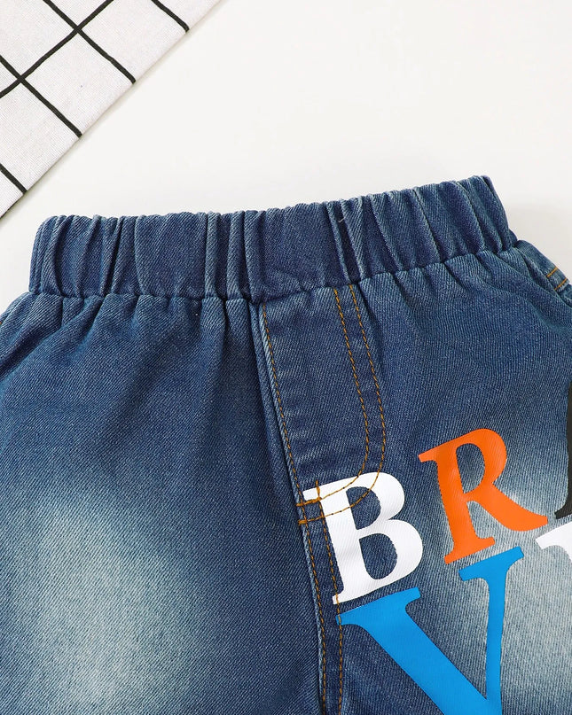 Children's Letter Round Neck Top and Denim Shorts Set