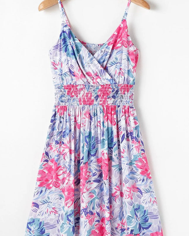 Floral Spaghetti Strap Surplice Neck Shirred Waist Mini Dress