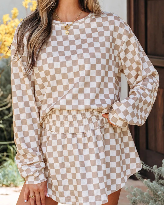 Checkered Long Sleeve Top and Skirt Two-Piece Set