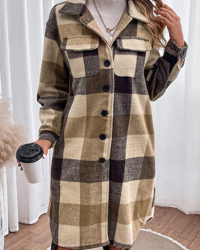 Plaid Button Down Longline Coat Khaki
