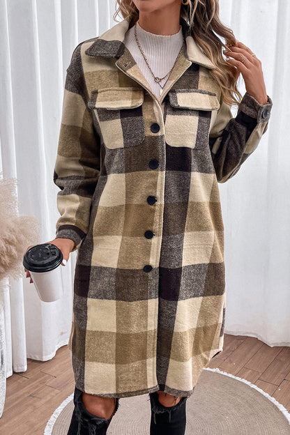Plaid Button Down Longline Coat Khaki