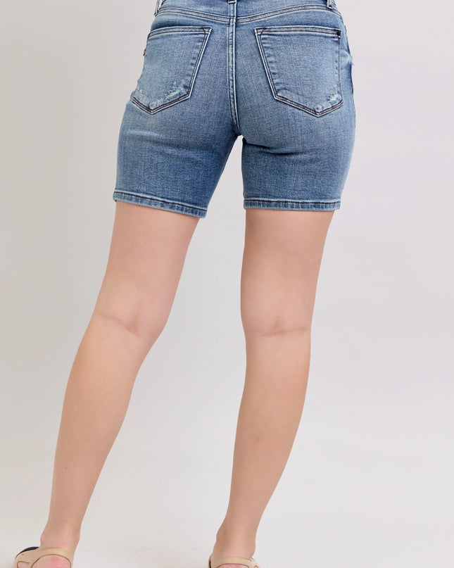 Judy Blue Button Fly Mid Length Denim Shorts W/ Destroy