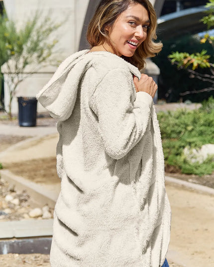 Double Take Full Size Hooded Teddy Bear Jacket with Thumbholes