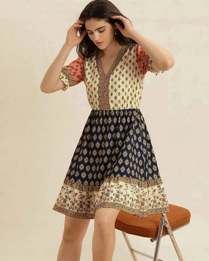 Printed V-Neck Short Sleeve Dress