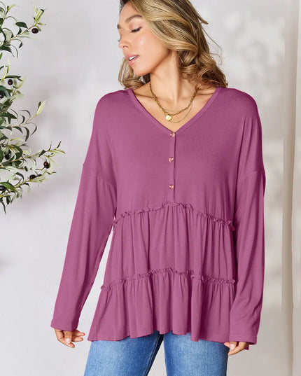 Double Take Half Button Long Sleeve Ruffle Hem Blouse