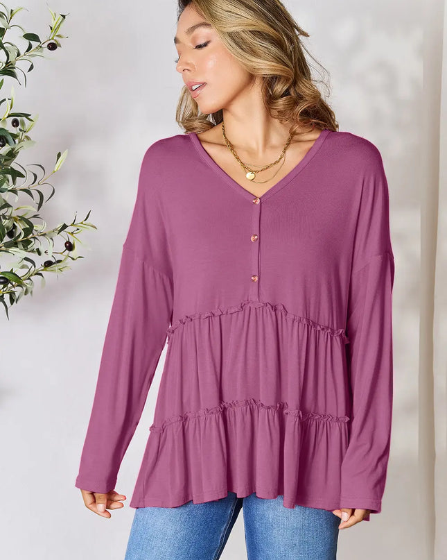 Double Take Half Button Long Sleeve Ruffle Hem Blouse