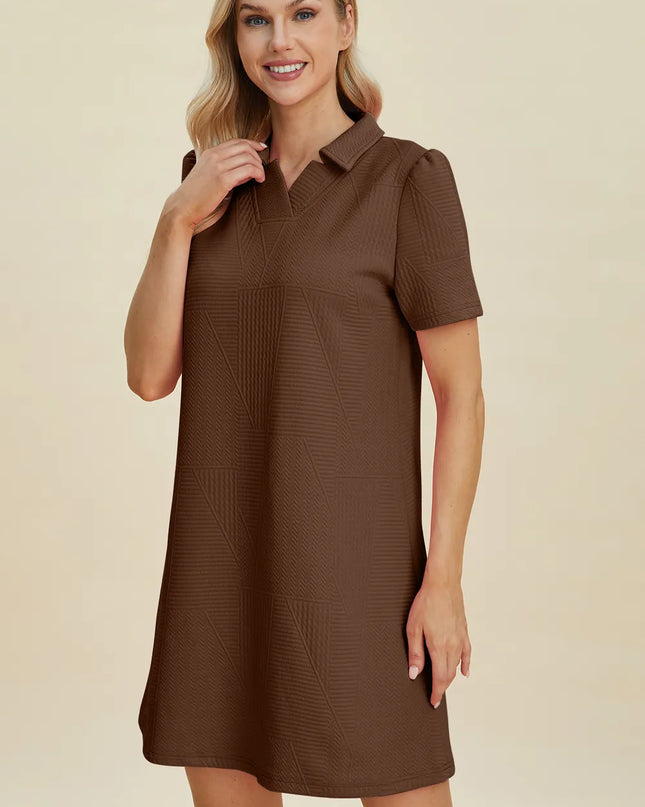 Double Take Full Size Texture Short Sleeve Dress Brown
