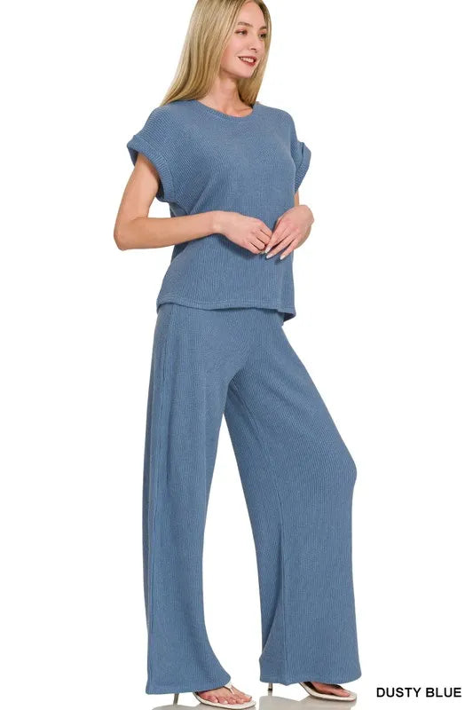 Zenana Rolled Sleeve Top and Pants Sweater Set
