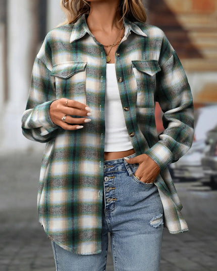 Oversized Plaid Button-Up Shirt Dark Green