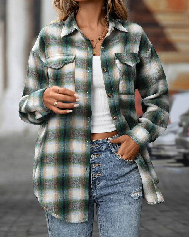 Oversized Plaid Button-Up Shirt Dark Green