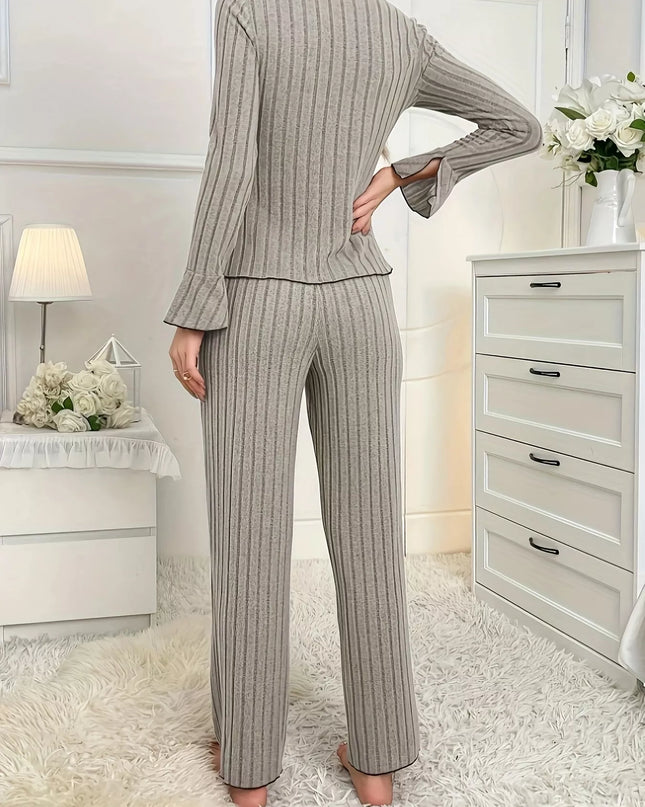 Ribbed Bow Front Top and Pants Lounge Set