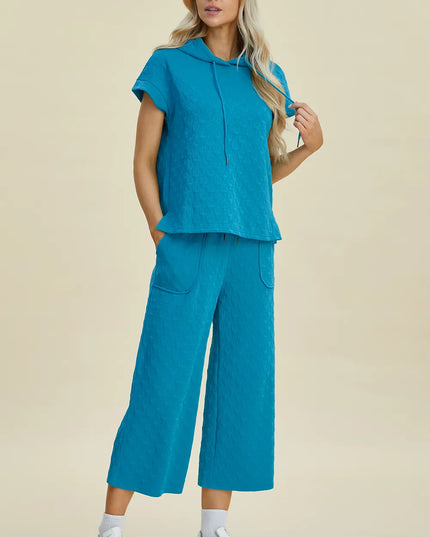 Double Take Full Size Texture Drawstring Short Sleeve Hoodie and Pocketed Pants Set
