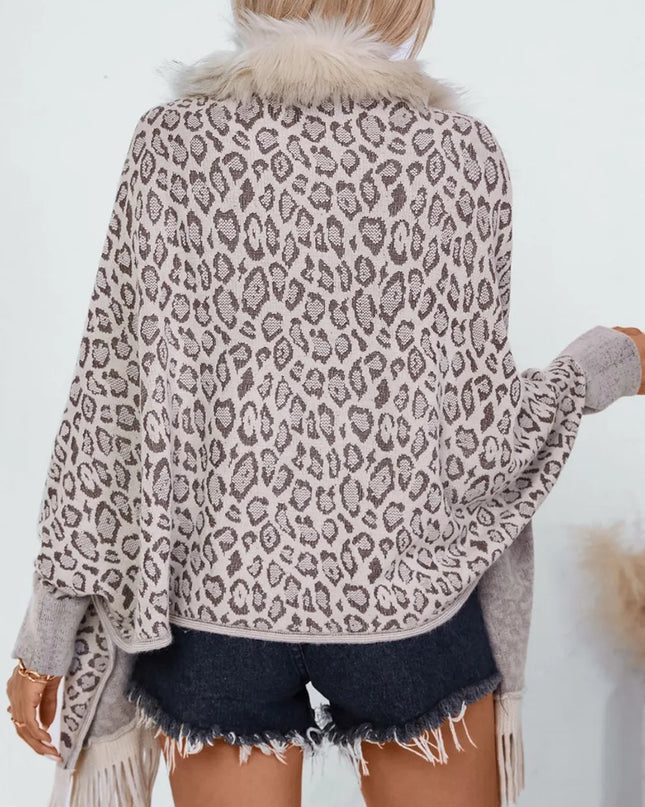Fringe Leopard Open Front Long Sleeve Poncho