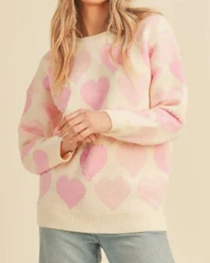 Heart Ribbed Hem Long Sleeve Sweater Watermelon pink