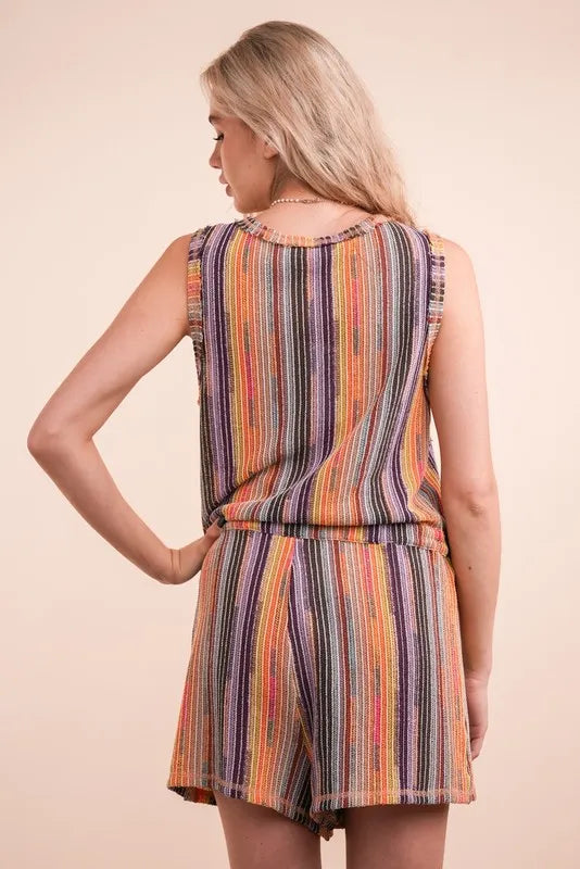 VERY J Crochet Multi Color Striped Casual Summer Romper