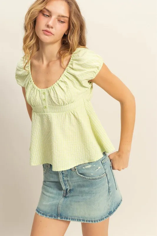 HYFVE Gingham Scoop Neck Cap Sleeve Blouse