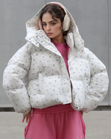 Floral Print Puffer Jacket with Hood White