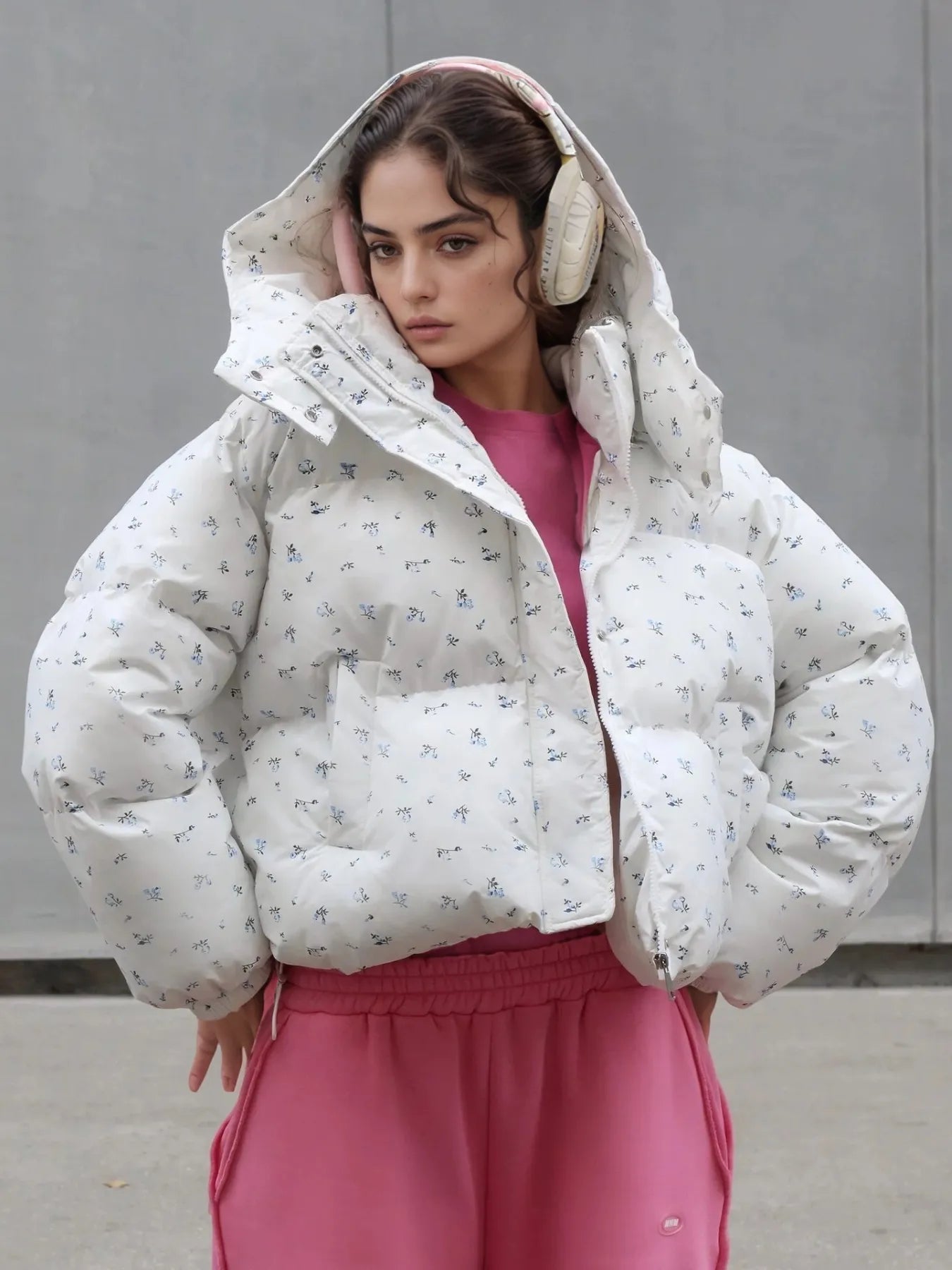 Floral Print Puffer Jacket with Hood White