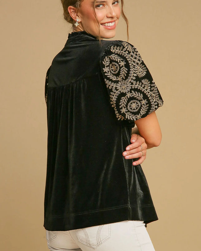 Umgee Full Size Velvet Embroidered Sleeve Blouse Plus Size