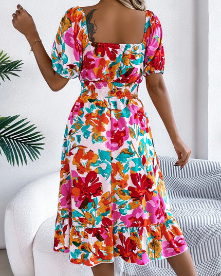 Ruffled Hem Smocked Floral Short Sleeve Midi Dress 