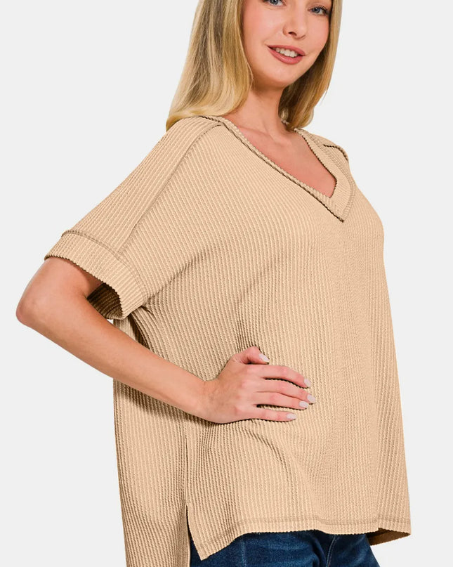 Zenana Corded Rib Short Sleeve High-Low T-Shirt