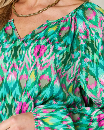 Double Take Full Size Printed Balloon Sleeve Blouse
